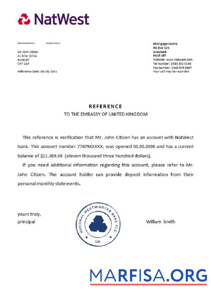 Printable United Kingdom Natwest reference example